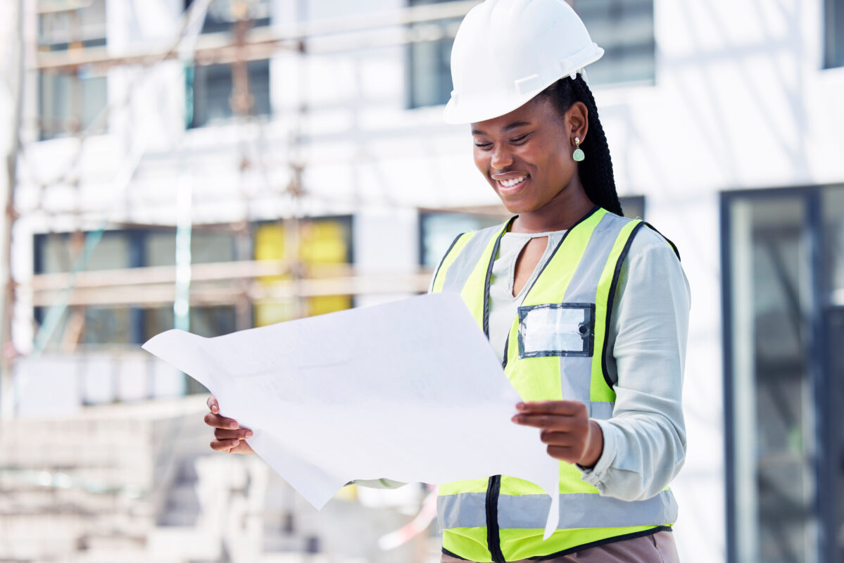 Architect Black Woman Blueprint Building Construction Site Happy Positive Mindset Building Project Manager Lady Worker With Paper Plan Idea Innovation Renovation 1199x800